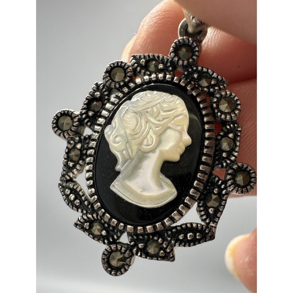 Vintage Sterling Silver Marcasite & Mother of Pearl Cameo Pendant 925 1.4”